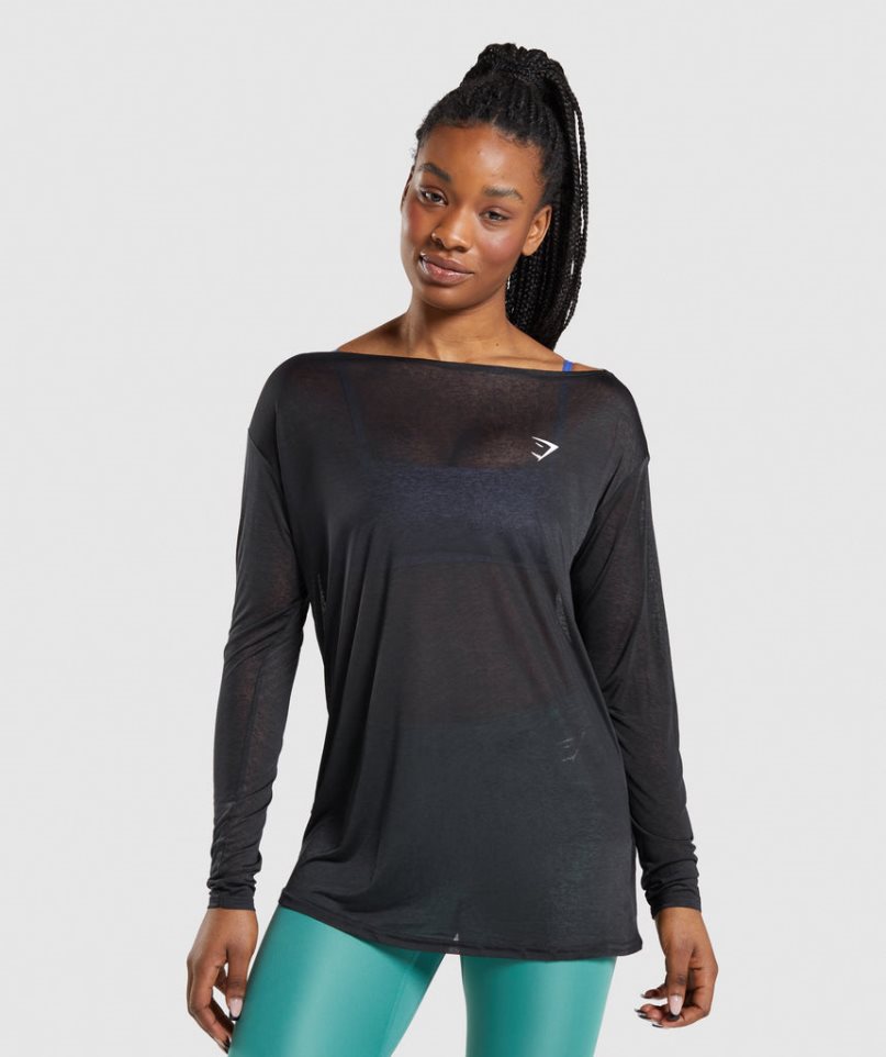 Women\'s Gymshark Training Oversized Long Sleeve Tee T-Shirts Black | NZ 5XOIDR